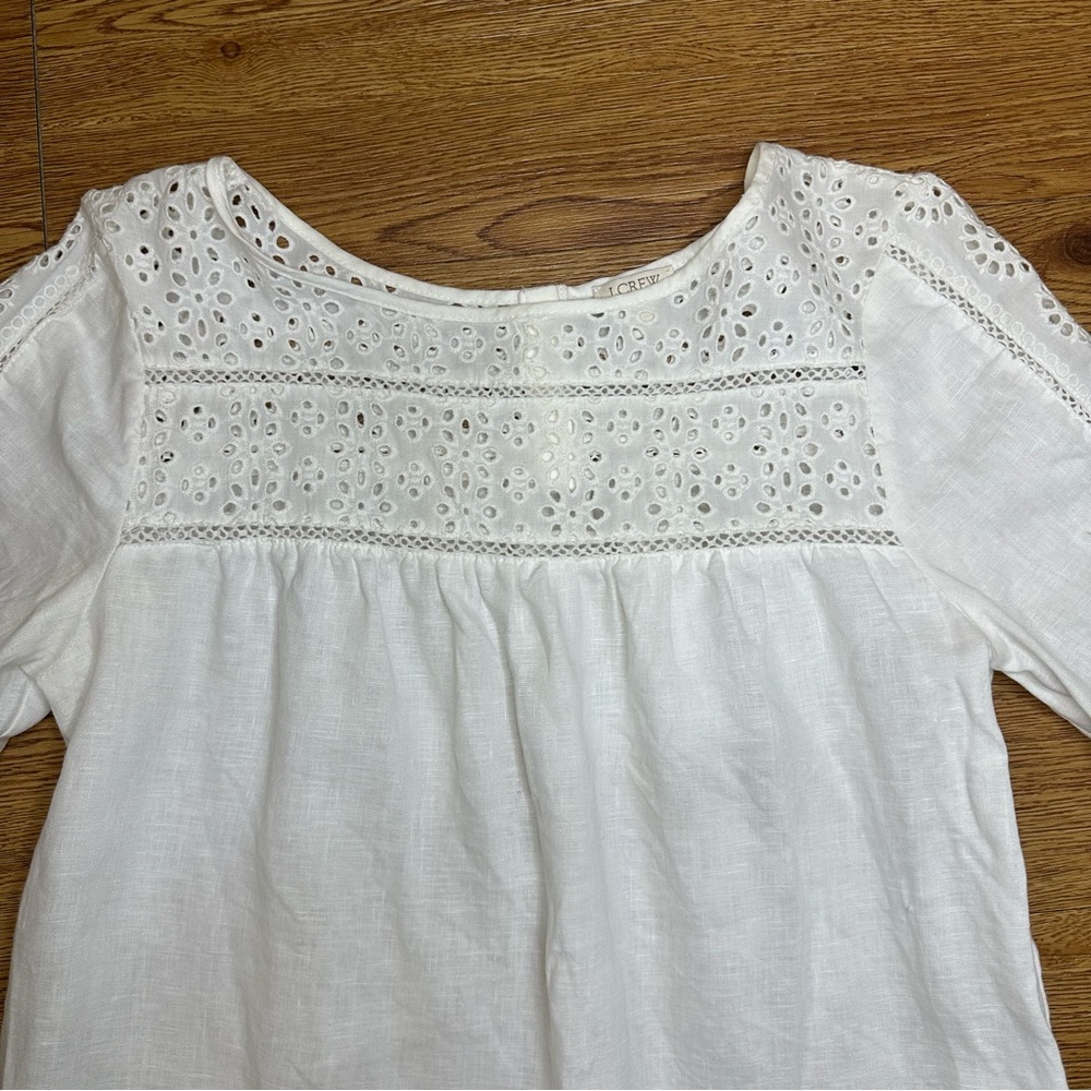 NWOT J. CREW White Linen Peasant Eyelet Women’s Preppy Blouse Top - Size Small - Picture 2 of 9